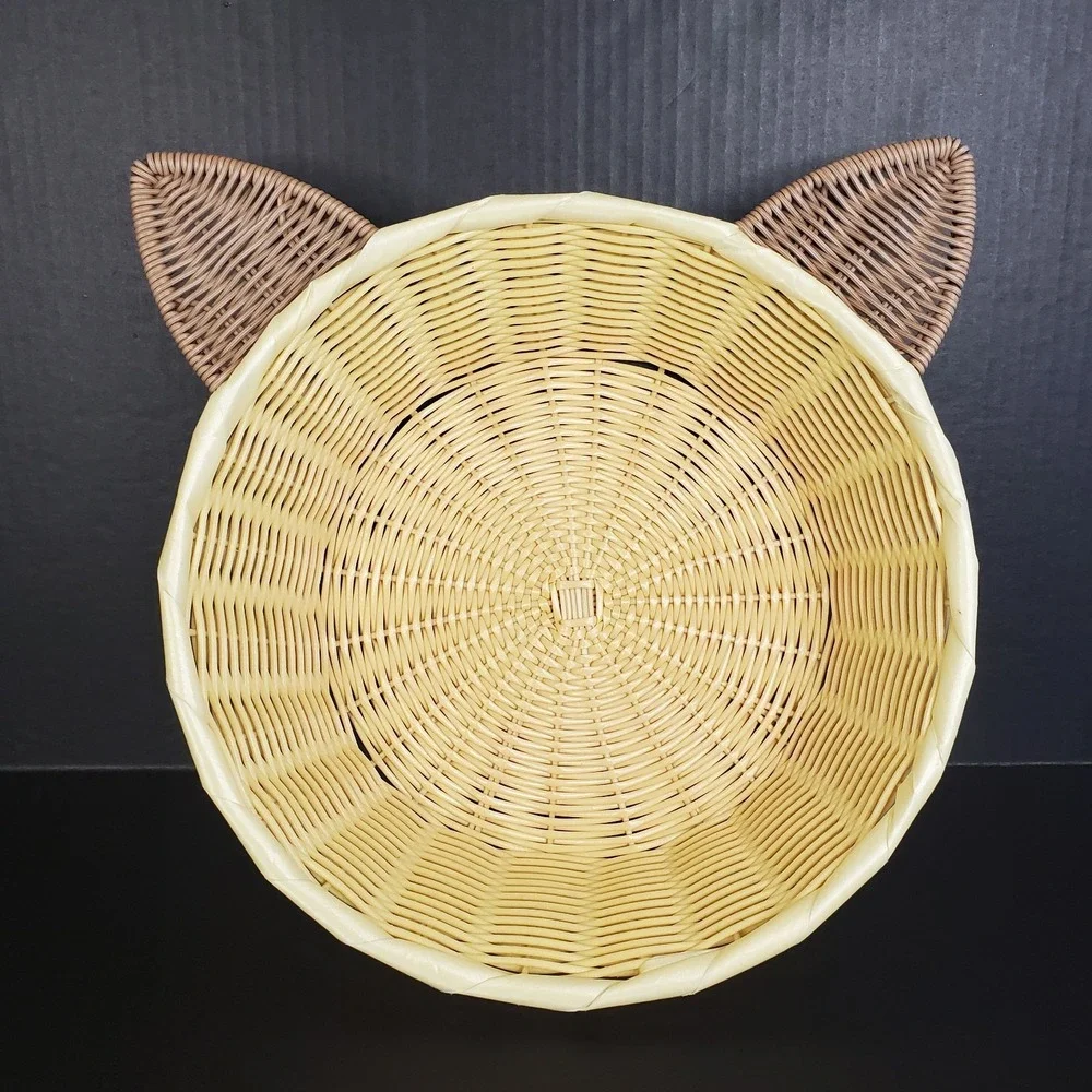 Faux Wicker Woven Cat Ears Round‎ Pet Bed Basket 14x15x4.5
